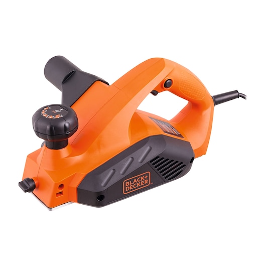 BLACK+DECKER 7698 electric hand planer in orange and black, side angle on white background.