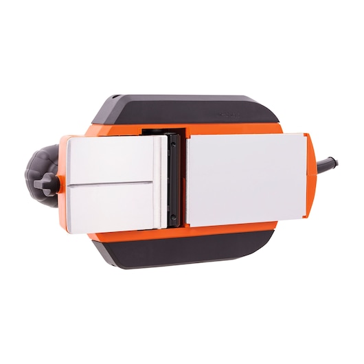 Photo of BLACKDECKER 7698 benchtop planer, orange and black, top view on white background.