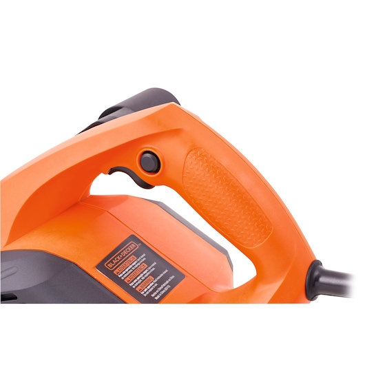 Close-up photo of BLACK+DECKER 7698 orange power tool handle with textured grip and visible label, side angle.