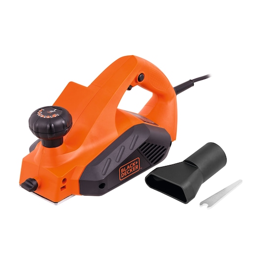 Photo of BLACK+DECKER 7698 electric hand planer in orange and black, shown with dust extraction attachment and wrench, angled view.