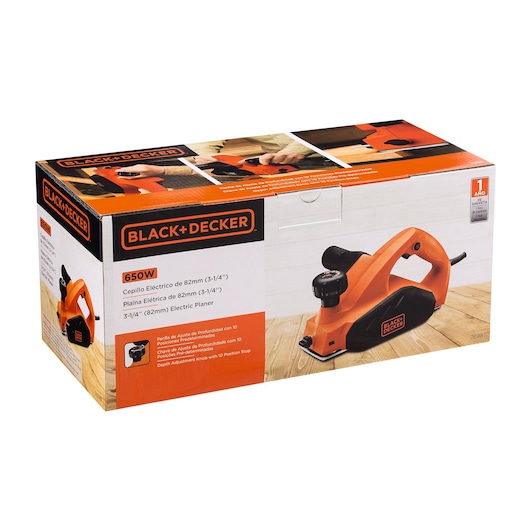 BLACK+DECKER 7698 electric planer box, 650W, orange and black, 82mm (3-1/4 inch), front angle on white background.