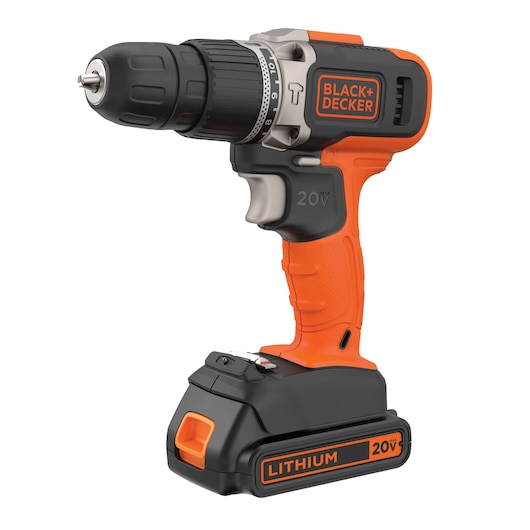 Photo of BLACK+DECKER BCK21S1S cordless drill, orange and black, 20V lithium battery, side angle, white background.