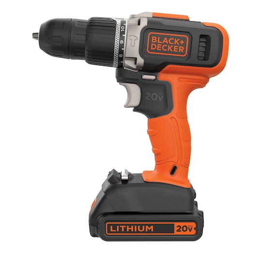 BLACKDECKER BCK21S1S cordless drill with 20V lithium battery, side angle on white background.