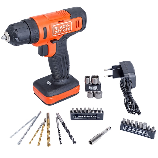 BLACK+DECKER BCD712VHDK cordless drill set with orange and black drill, charger, drill bits, screwdriver bits, and sockets, front view on white background.