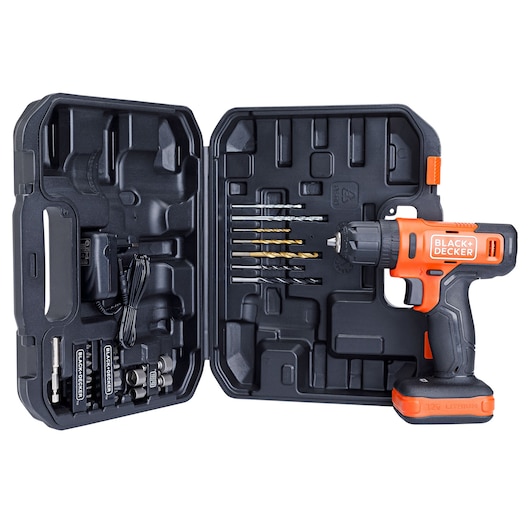 BLACKDECKER BCD712VHDK cordless drill kit with black hard case, multiple drill bits and accessories, front angle.