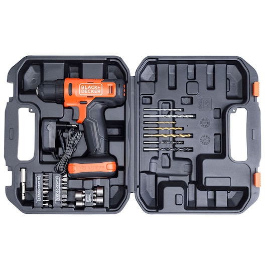 BLACK+DECKER BCD712VHDK cordless drill set with orange and black drill, assorted bits, and charger in hard case, top view.