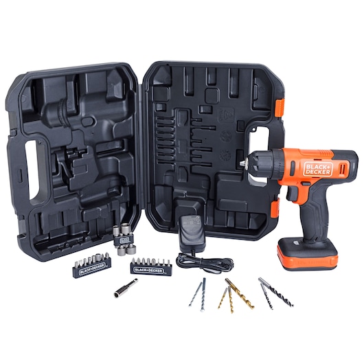 Photo of BLACK+DECKER cordless drill BCD712VHDK kit with hard case, charger, drill bits, and screwdriver bits, front angle.