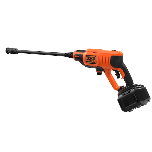 BLACKDECKER BCPC20D1 cordless pressure washer, orange and black, side angle on white background.