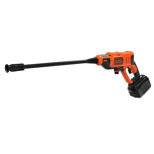 BLACKDECKER BCPC20D1 cordless pressure washer in orange and black, side angle on white background.