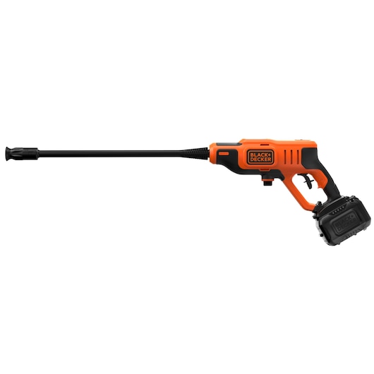BLACKDECKER BCPC20D1 cordless pressure washer, orange and black, side angle, white background.