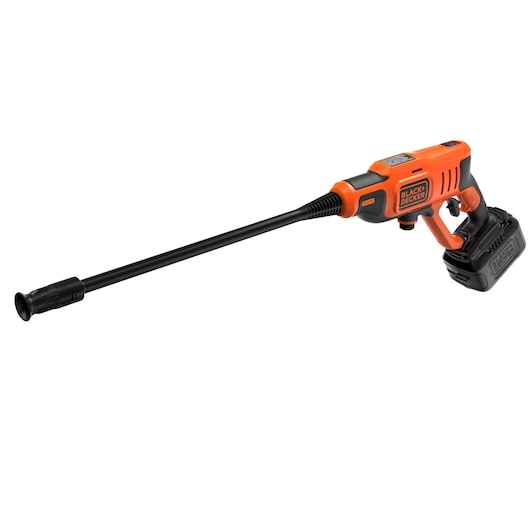 BLACKDECKER BCPC20D1 cordless pressure washer, orange and black, side angle on white background