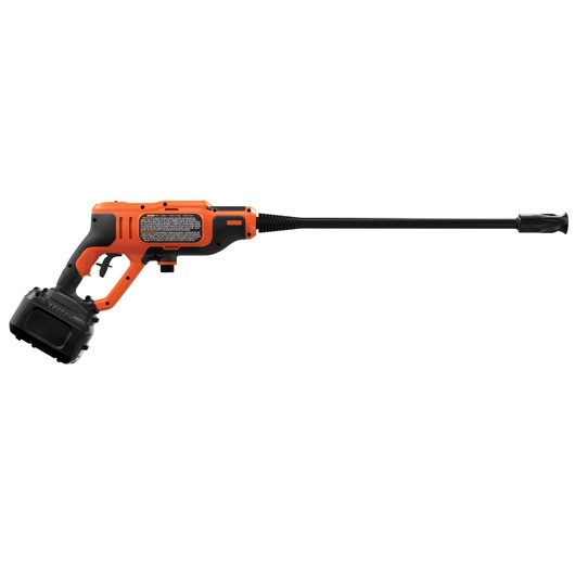 BLACKDECKER BCPC20D1 cordless pressure washer, orange and black, side angle on white background