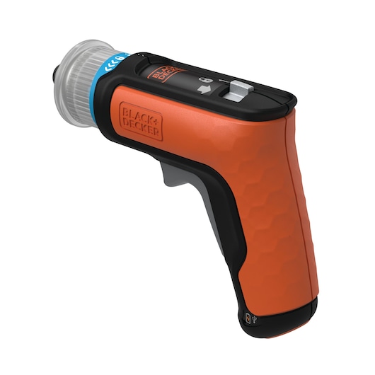 BLACKDECKER BCRTA601I cordless screwdriver with orange and black ergonomic handle, white background, side view.