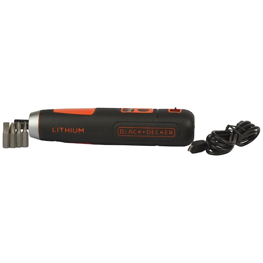 BLACKDECKER BD40K4 cordless screwdriver set with four bits and USB charging cable, side view on white background.
