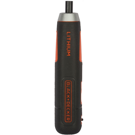 BLACK+DECKER BD40K4 cordless screwdriver, black and orange, upright front view on white background.