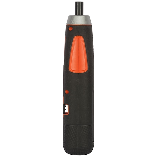 BLACKDECKER BD40K4 cordless screwdriver, black and orange, side view, on white background.