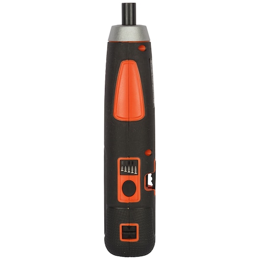 BLACKDECKER BD40K4 cordless screwdriver, black and orange, straight front view on white background.