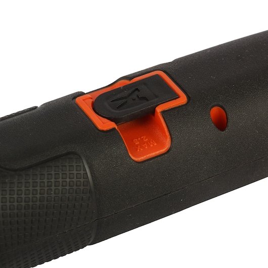 BLACKDECKER BD40K4 power tool handle close-up with black and orange textured grip and slider switch, studio angle.