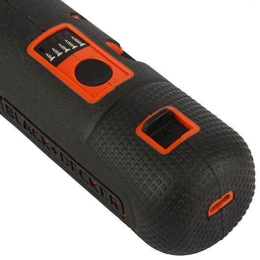 BLACKDECKER BD40K4 cordless screwdriver, close-up angled view, black and orange textured grip, control buttons visible.