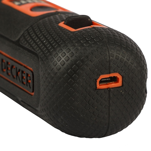 Close-up photo of BLACKDECKER BD40K4 screwdriver handle showing textured grip and charging port, white background.