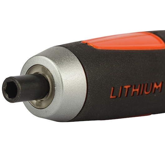 BLACKDECKER BD40K4 cordless screwdriver close-up, black and orange, highlighted lithium text, white background.