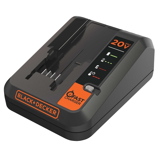 BLACK+DECKER BDCAC202B 20V MAX fast battery charger, black and orange, photographed at front angle on white background.