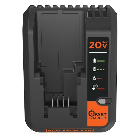 BLACKDECKER BDCAC202B 20V fast charger front angle, black plastic body, indicator lights.