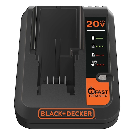 BLACK+DECKER BDCAC202B 20V MAX black and orange fast battery charger, front angle, on white background.