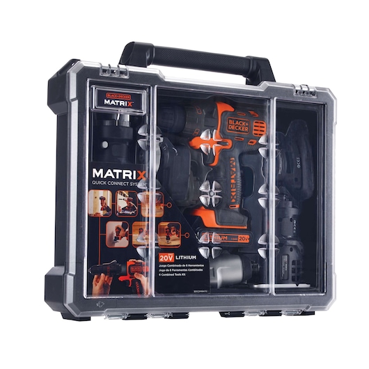 BLACKDECKER BDCDM6KITC combo tool kit case with Matrix drill and accessories, front angle on white background.