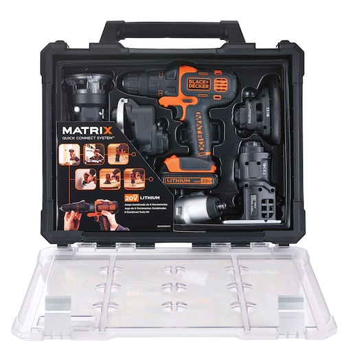 BLACK+DECKER BDCDM6KITC combo tool kit with 20V lithium drill, attachments, and carrying case, top-down view.