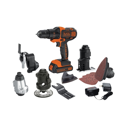 BLACK+DECKER BDCDM6KITC multi-tool kit with drill, multiple attachments, sanding pads, charger, and accessories, front angle.