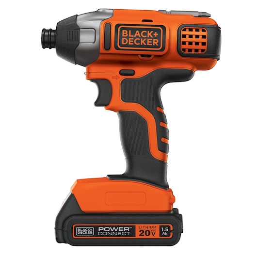 BLACK+DECKER BDCI20C cordless 20V orange and black impact driver, side view on white background.