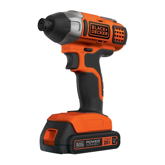 Photo of BLACK+DECKER BDCI20C cordless impact driver, orange and black body, angled left on white background.