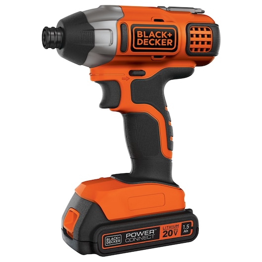 Photo of BLACK+DECKER BDCI20C cordless orange and black impact driver, side angle on white background.