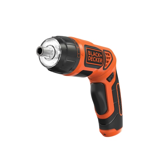 Photo of BLACK+DECKER BDCS36F cordless screwdriver, orange and black, angled on white background.