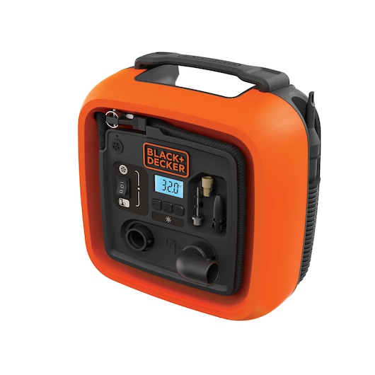 BLACKDECKER BDINF12 orange digital tire inflator with handle, front angle on white background.