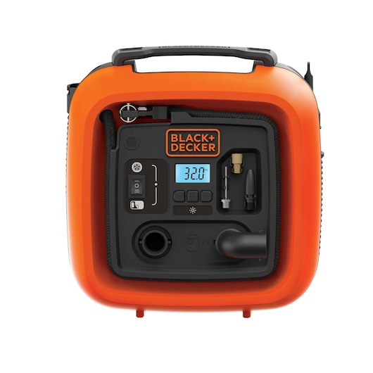 Photo of BLACK+DECKER BDINF12 portable digital tire inflator, orange, front angle, showing controls and LCD screen.