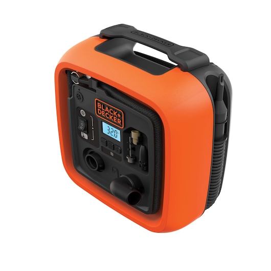 BLACK+DECKER BDINF12 portable air compressor with bright orange casing, large handle, digital display, and accessory storage, front angle.
