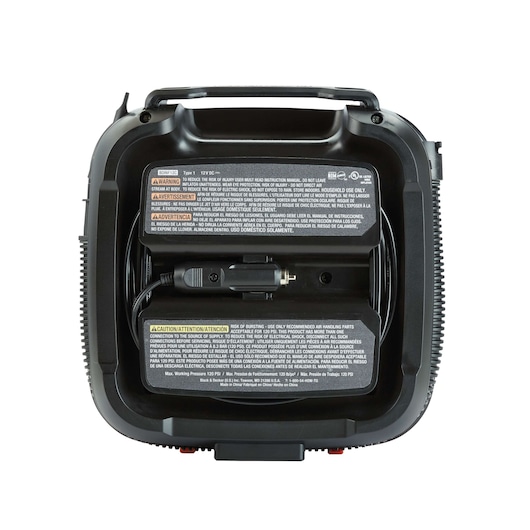 Photo of BLACKDECKER BDINF12 inflator back view with cord and warning labels, product on white background.
