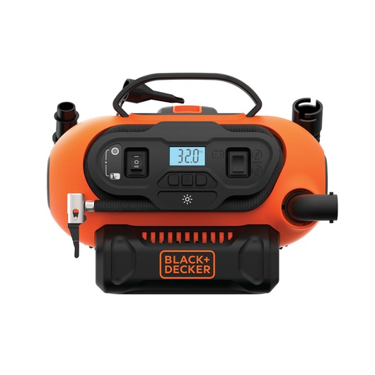 BLACK+DECKER BDINF20 portable air inflator front view, orange body, digital display and control buttons.