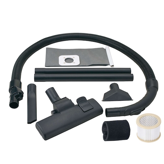 BLACKDECKER BDWDS20 vacuum cleaner accessory set with hose, filters, floor head, tubes, and nozzles on white background.
