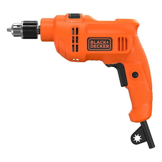 Photo of BLACK+DECKER corded orange electric drill BED710450-B2, side view on white background.
