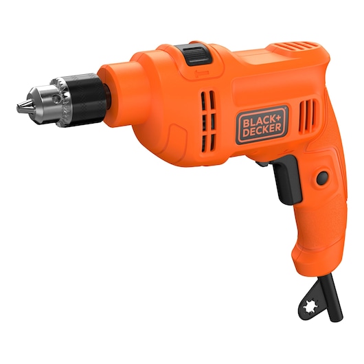 Photo of BLACKDECKER corded electric drill BED710450-B2, orange body, side angle on white background.