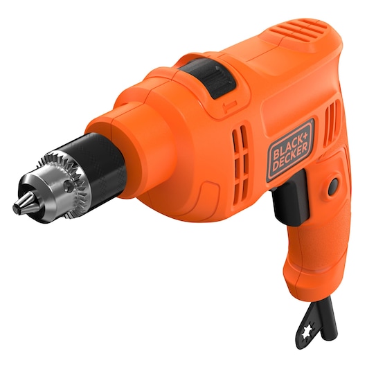 BLACKDECKER BED710450-B2 orange electric drill, side view, ergonomic handle, black keyless chuck, white background.
