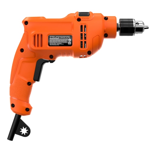 BLACKDECKER BED710450-B2 orange corded electric drill side view on white background.