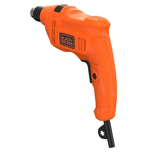 Photo of BLACK+DECKER BED710450-B2 orange corded electric drill, right side angle, with black grip and trigger.
