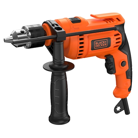 Photo of BLACKDECKER BED713650-B2 orange electric drill with side handle, front left angle on white background.