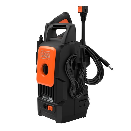 A BLACK+DECKER BEPW1520 pressure washer with a compact design, black and orange color scheme, front control panel, integrated carry handle, and hose neatly wrapped on the side.