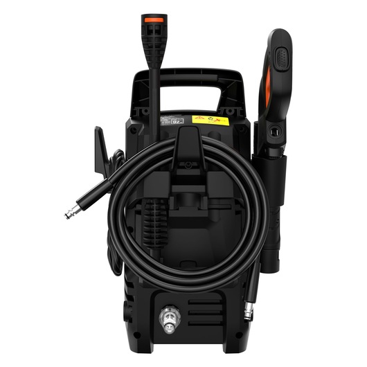 Front view of a BLACK+DECKER BEPW1520 pressure washer. The device is black with orange accents and features a hose coiled around the front, a handle at the top, and attachments securely mounted.
