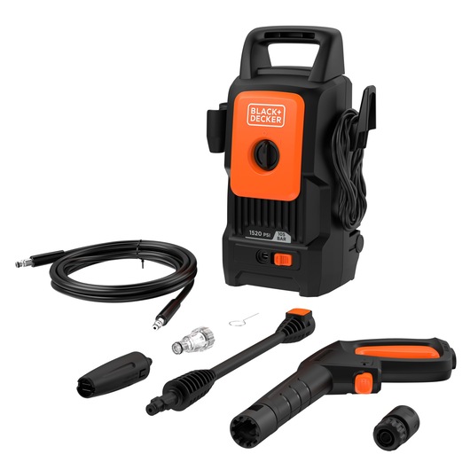 BLACK+DECKER BEPW1520 pressure washer set, including a black and orange pressure washer unit, hose, spray gun, nozzle, connector, and accessories, displayed against a white background.